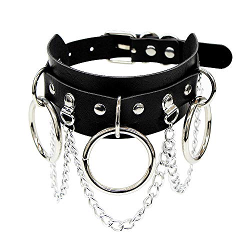 Jurxy Breit Lederhalsband Halskette Herz Form Damen Leder Choker Metall Ring Halsband Gotik Punk Rock Lederband Einstellbar Kragen O Form Anhänger Quaste - Schwarz von Jurxy
