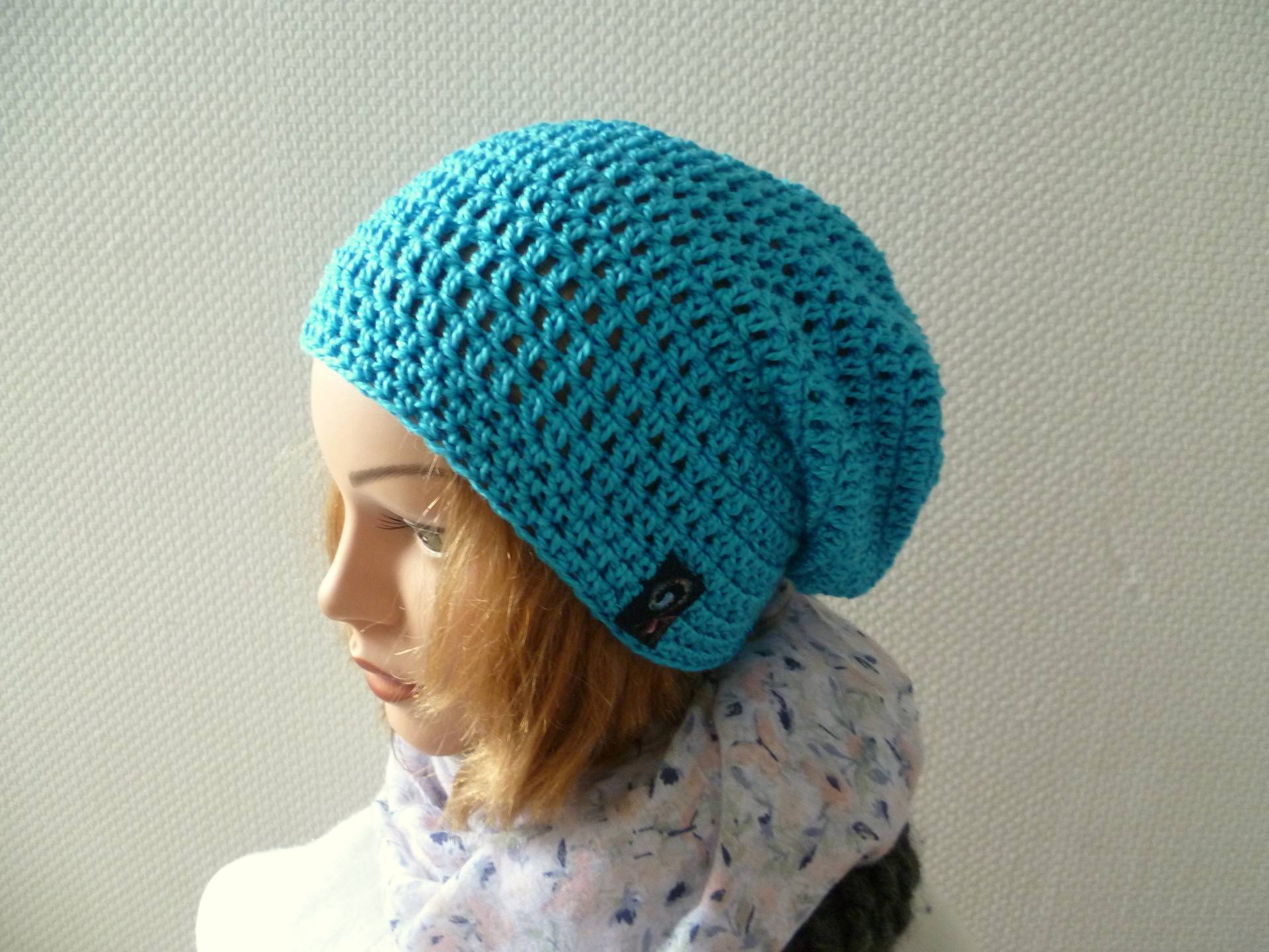 Sommerbeanie-Baumwolle "Hanna", Sommerslouch, Sommerbeanie Damen, Türkis von JusaJo
