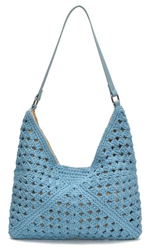 Bohemia Strandtasche für Damen, Makramee, Schultertasche, Umhängetasche, Unterarm, Reisen, Sommer, gestrickte Handtasche, Hobo-Taschen 2025, Blau, Small Bohemia Strandtasche für Damen, Makramee, Schultertasche, Umhängetasche, Unterarm, Reisen, Sommer, gestrickte Handtasche, Hobo-Taschen 2025, Blau, Small von Jusavie