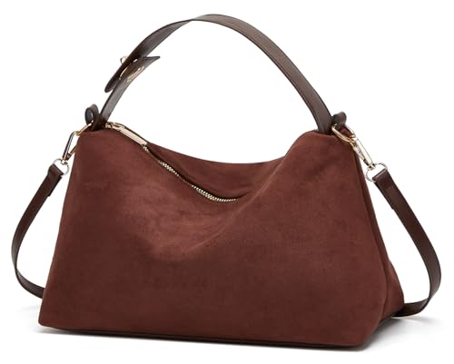 Jusavie Slouchy Wildleder-Hobo-Tasche für Damen, Halbmond-Umhängetasche, Umhängetasche, Handy-Geldbörse, trendiger Tragegriff oben, Ein Kaffee, Small von Jusavie