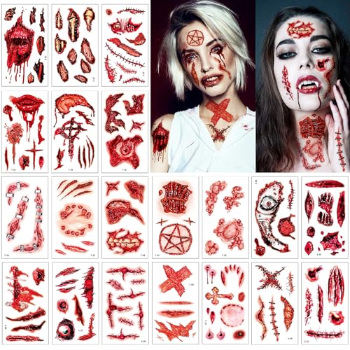 Jusduit Halloween Zombie Scars Tattoos - 20 Blatt Narben Aufkleber, Wunde Kunstblut, Gefälschter Schorf für Cosplay Party Spezielle Körper Make-up von Jusduit