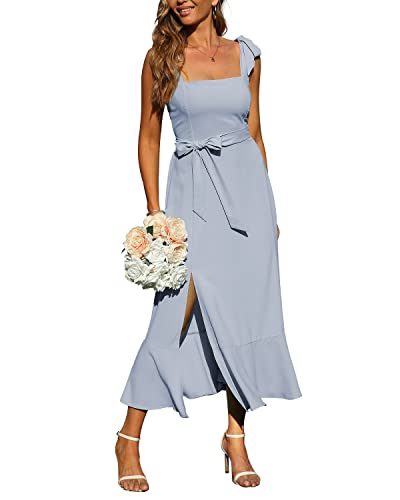 Damen Elegant Midi Kleider für Hochzeit Gast Quadratischer Ausschnitt Rüschen Split Formal Brautjungfer Kleider für Cocktail Abend Party, Blau, Groß von Jusfitsu