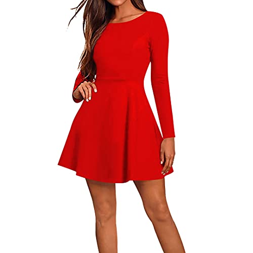 Jusfitsu Damen Langarm Kurz Skater Casual A-Linie Kleid Elegant Swing Kleid Rundhals für Herbst Winter Frühling, Rot/Ausflug, einfarbig (Getaway Solids), Klein von Jusfitsu