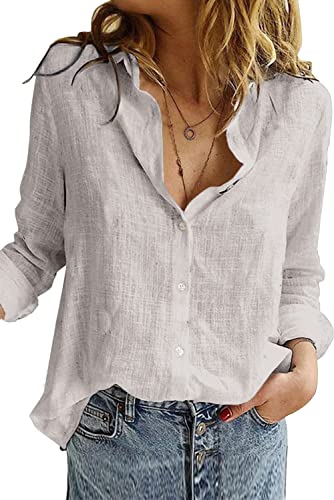 Jusfoouo Damen Bluse Langarm Blusehemd V-Ausschnitt Einfarbig Oberteile Casual Bluse Langarm Button-Down Tops Grey XL von Jusfoouo