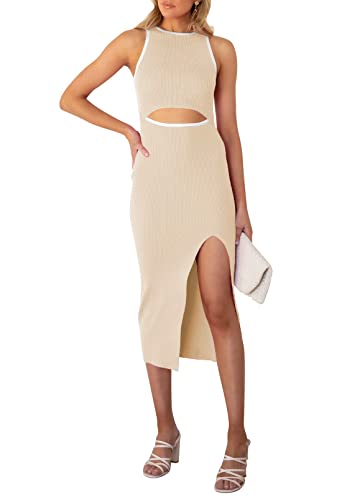 Jusfoouo Sommerkleid Damen Ärmellos Cutout Kleid mit Schlitz, Rundhalsausschnitt Tank Gerippt Bodycon Midikleid Aprikose M von Jusfoouo