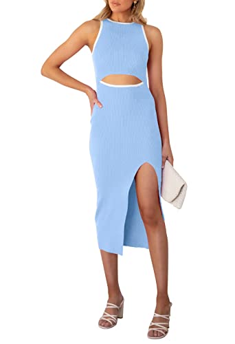 Jusfoouo Sommerkleid Damen Ärmellos Cutout Kleid mit Schlitz, Rundhalsausschnitt Tank Gerippt Bodycon Midikleid Hellblau M von Jusfoouo