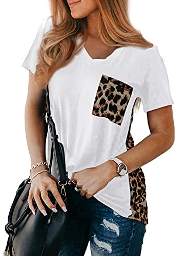 Jusfoouo Damen Leoparden T-Shirt Rundhalsausschnitt mit Kurzarm Casual Locker Sommer Oberteile Weiß S von Jusfoouo