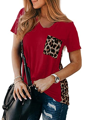 Jusfoouo Damen Leoparden T-Shirt Rundhalsausschnitt mit Kurzarm Casual Locker Sommer Oberteile Rot M von Jusfoouo