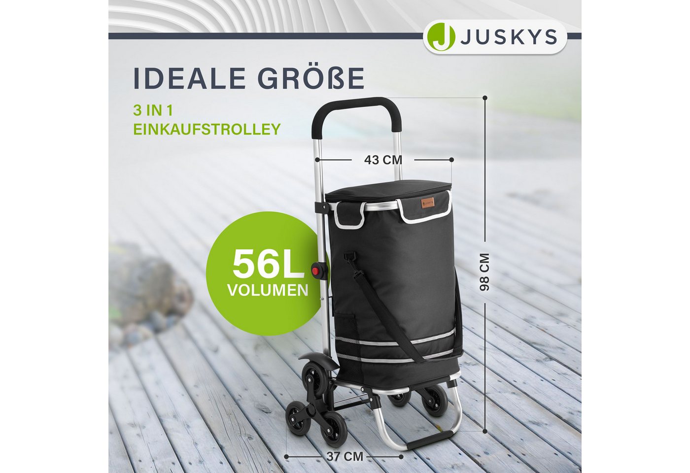Juskys Einkaufstrolley 3in1, 56 l, mit Treppensteiger (6 Rollen), klappbar und modern, mit Kühlfach von Juskys