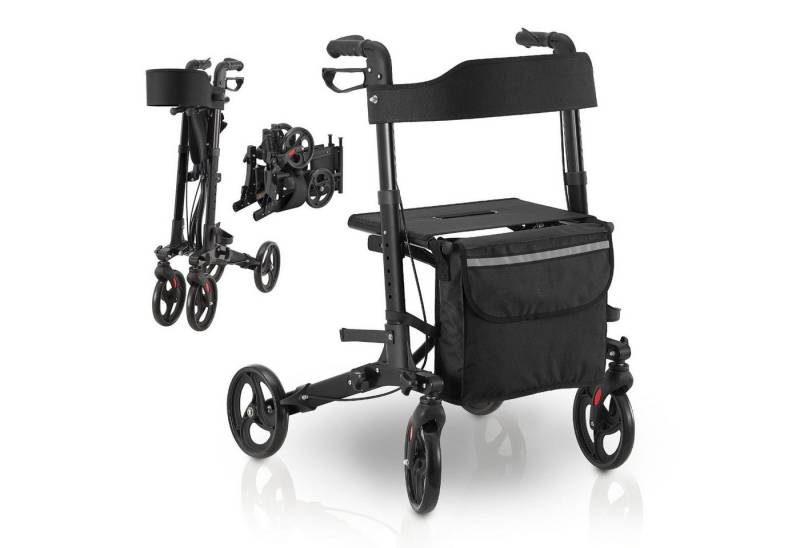 Juskys Rollator Vital, klappbar, mit Sitz, Einkaufstasche und Gehstockhalterung von Juskys