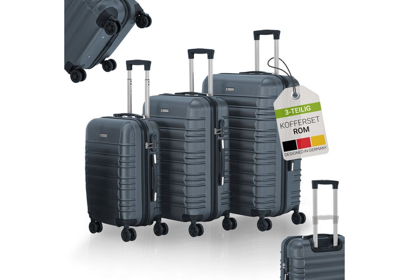 Juskys Trolleyset Rom, 4 Rollen, (3 tlg., 3-teilig), 3 Koffer, 360° Rollen, robuste Hartschale, mit Zahlenschloss von Juskys