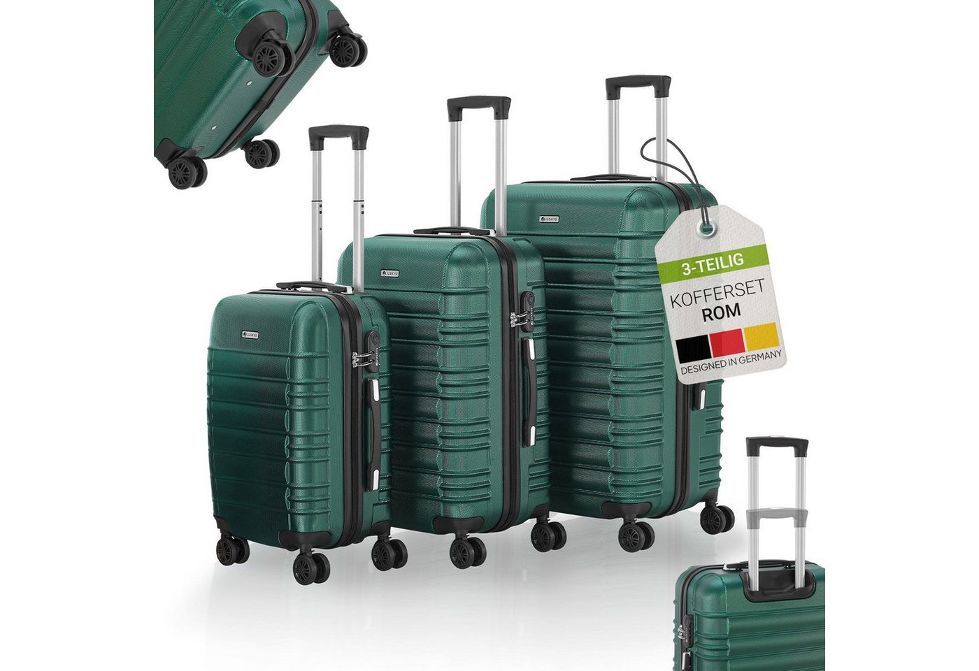 Juskys Trolleyset Rom, 4 Rollen, (3 tlg., 3-teilig), Aluminium, Rollen, Innenfutter, Ergonomische Griffe, 3er Set von Juskys