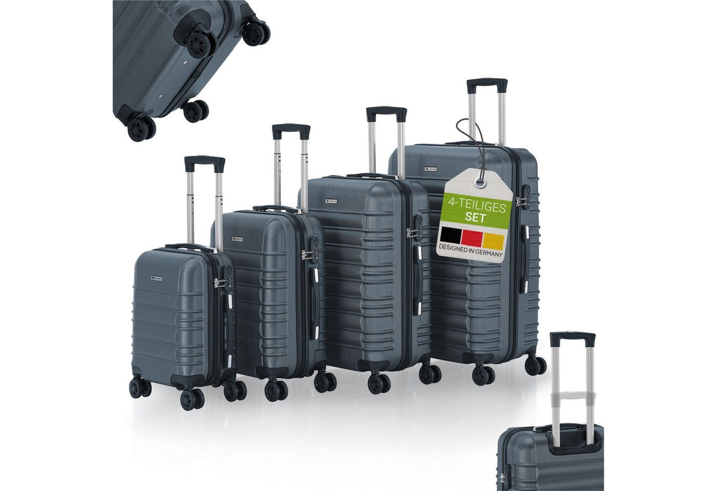 Juskys Trolleyset Rom, 4 Rollen, (4 tlg., 4-teilig), 4 Koffer, 360° Rollen, robuste Hartschale, mit Zahlenschloss von Juskys