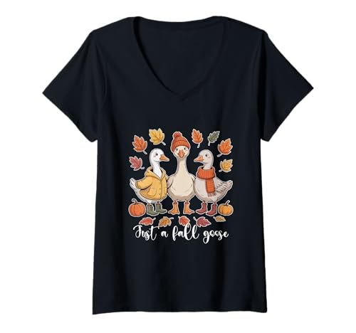 Damen Just A Fall Goose Herbst Kürbis Blätter Gemütlicher Pullover Wetter T-Shirt mit V-Ausschnitt von Just A Fall Goose Autumn Pumpkin Leaves