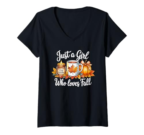 Damen Nur EIN Mädchen, das herbstliche, gemütliche Herbst-Kürbiskerzen-Vibes liebt T-Shirt mit V-Ausschnitt von Just A Girl Who Loves Fall Cozy Autumn Fall Vibes