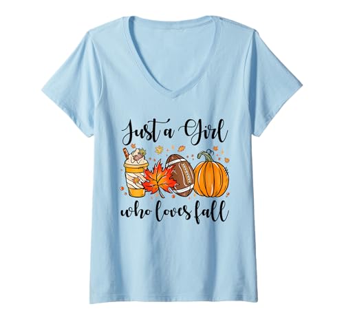 Damen Just A Girl Who Loves Herbst Fußball Kürbis Cozy Autumn Leaf T-Shirt mit V-Ausschnitt Damen Just A Girl Who Loves Herbst Fußball Kürbis Cozy Autumn Leaf T-Shirt mit V-Ausschnitt von Just A Girl Who Loves Fall Football Pumpkin Autumn