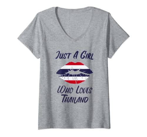 Damen Lippen Mund Liebe Thailändische Flagge Thailand T-Shirt mit V-Ausschnitt von Just A Girl Who Loves Thailand Flag