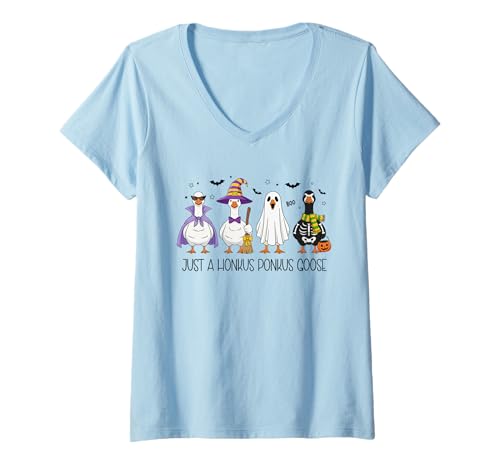 Damen Lustiges Halloween Goose Squad Hexe Geist Skelett Vampir T-Shirt mit V-Ausschnitt Damen Lustiges Halloween Goose Squad Hexe Geist Skelett Vampir T-Shirt mit V-Ausschnitt von Just A Honkus Ponkus Goose Designs