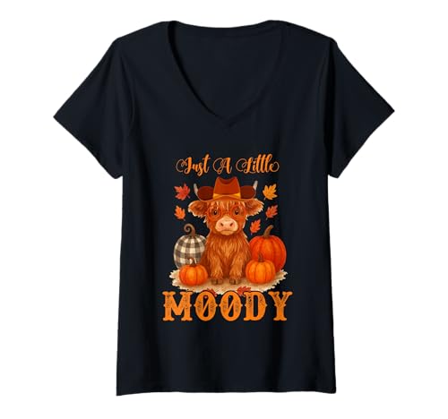 Damen Just A Little Moody Fall Kuh Thanksgiving Herbst Vibes Fall T-Shirt mit V-Ausschnitt Damen Just A Little Moody Fall Kuh Thanksgiving Herbst Vibes Fall T-Shirt mit V-Ausschnitt von Just A Little Moody Thanksgiving Autumn Vibes Fall