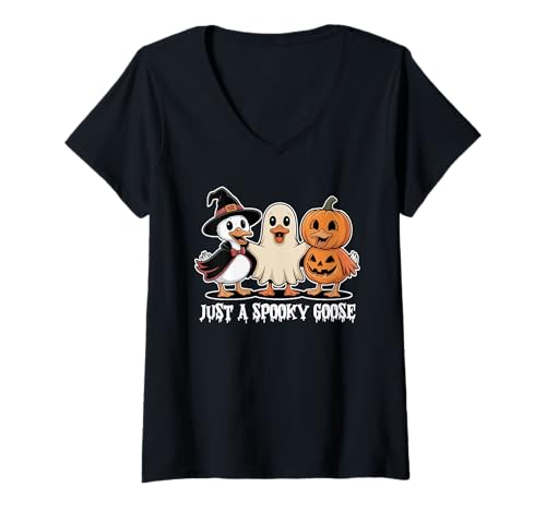 Damen Just A Spooky Goose Halloween-Geisterhexen-Kürbiskostüm T-Shirt mit V-Ausschnitt Damen Just A Spooky Goose Halloween-Geisterhexen-Kürbiskostüm T-Shirt mit V-Ausschnitt von Just A Spooky Goose Halloween Tee