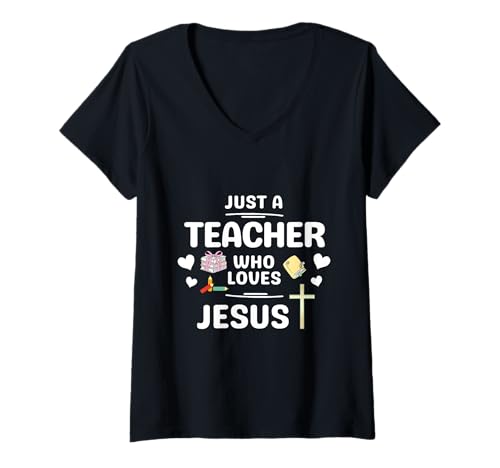 Damen Christlichen Glauben lehren Jetzt nur ein Lehrer, der Jesus liebt T-Shirt mit V-Ausschnitt von Just A Teacher Who Loves Jesus Coquette Bow Gifts