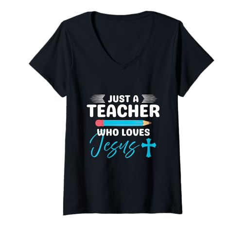 Damen Christlichen Glauben lehren Jetzt nur ein Lehrer, der Jesus liebt T-Shirt mit V-Ausschnitt von Just A Teacher Who Loves Jesus Coquette Bow Gifts