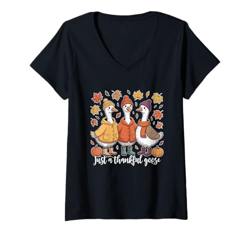 Damen Just A Thankful Goose Trio Herbst-Kürbisblätter gemütlich T-Shirt mit V-Ausschnitt von Just A Thankful Goose Thanksgiving