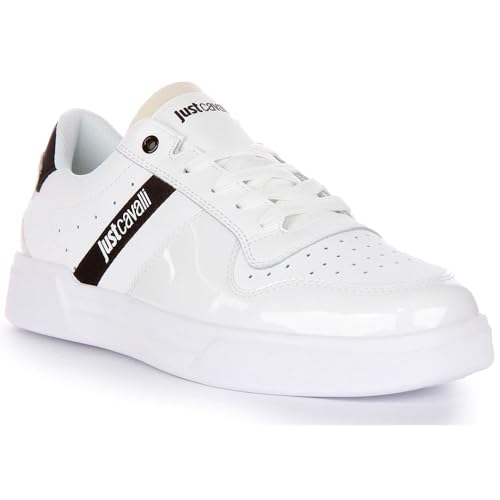 Just Cavalli Minimaler Sneaker mit Pferdemotiv aus hochwertigem Leder. Mit Lasche mit Logo-Druck, runde Spitze, Ferse Verstärkung und Logo mit, Weiß, 44 EU von Just Cavalli
