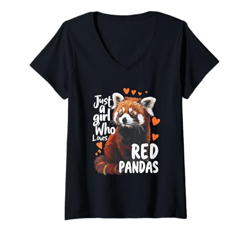 Damen Tierliebhaberin, nur EIN Mädchen, das rote Pandas liebt, Kawaii Heart T-Shirt mit V-Ausschnitt von Just Girl Who Loves Red Pandas Kawaii Heart