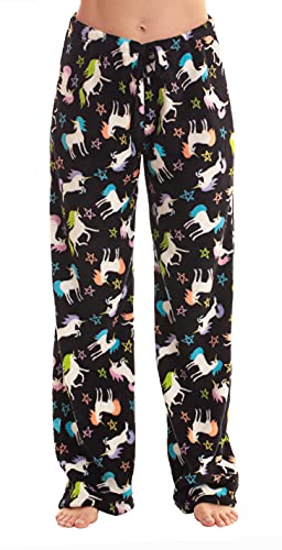 Just Love Damen Plüsch Pyjama Hose für Damen, Schwarz – Einhorn-Sterne, XL von Just Love