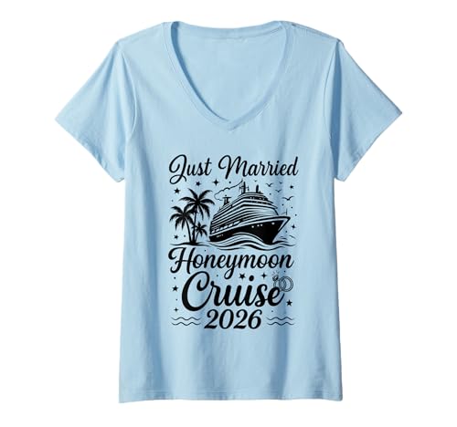 Damen Erste Familienkreuzfahrt 2026 Verheiratete Paare Flitterwochen 2026 T-Shirt mit V-Ausschnitt Damen Erste Familienkreuzfahrt 2026 Verheiratete Paare Flitterwochen 2026 T-Shirt mit V-Ausschnitt von Just Married 2026 Wedding Ring Matching Apparel