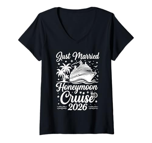 Damen Just Married 2026 Erste Familienkreuzfahrt für Ehepaare T-Shirt mit V-Ausschnitt Damen Just Married 2026 Erste Familienkreuzfahrt für Ehepaare T-Shirt mit V-Ausschnitt von Just Married 2026 Wedding Ring Matching Apparel
