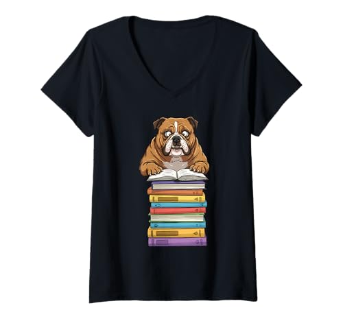 Damen Niedliche Bulldogge Lesebuch auf Bücherstapel lustig T-Shirt mit V-Ausschnitt von Just One More Chapter