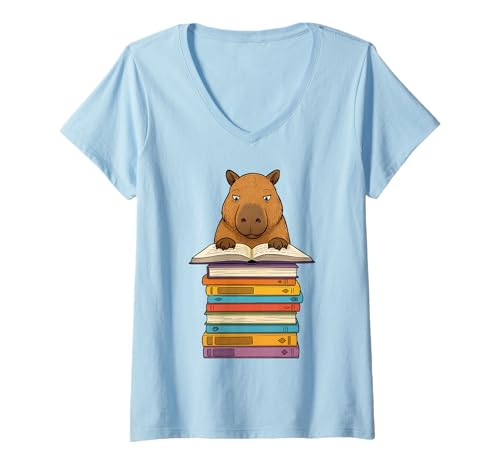 Damen Niedliche Capybara Lesung auf Bücherstapel lustig T-Shirt mit V-Ausschnitt von Just One More Chapter