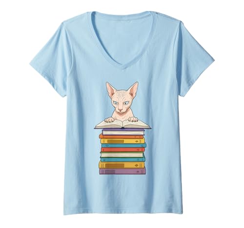 Damen Niedliche Sphynx-Katze liest auf Bücherstapel lustig T-Shirt mit V-Ausschnitt von Just One More Chapter