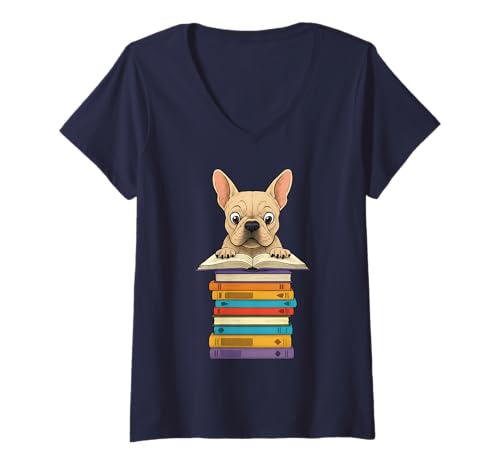 Damen Niedliche französische Bulldogge, die auf Büchern liest, lustig T-Shirt mit V-Ausschnitt von Just One More Chapter