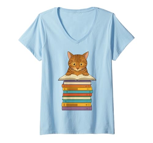 Damen Niedliche getigerte Katze, die auf Büchern liest, lustig T-Shirt mit V-Ausschnitt von Just One More Chapter