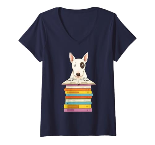 Damen Niedlicher Bullterrier, der auf Büchern liest, lustig T-Shirt mit V-Ausschnitt von Just One More Chapter