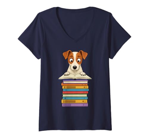 Damen Niedlicher Jack Russel Hund liest auf Bücherstapel lustig T-Shirt mit V-Ausschnitt von Just One More Chapter