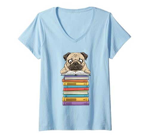 Damen Niedlicher Mops Lesebuch auf Bücherstapel lustig T-Shirt mit V-Ausschnitt von Just One More Chapter