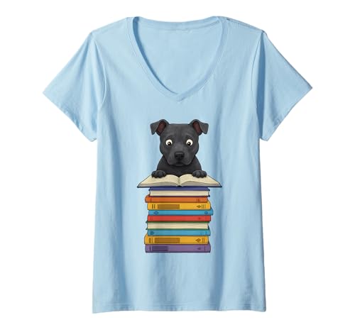 Damen Niedlicher Staffordshire Bullterrier Lesestapel Bücher lustig T-Shirt mit V-Ausschnitt von Just One More Chapter