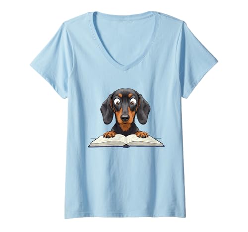 Damen Niedlicher Wiener Hund Dackel Lesebuch Love to Read Funny T-Shirt mit V-Ausschnitt von Just One More Chapter