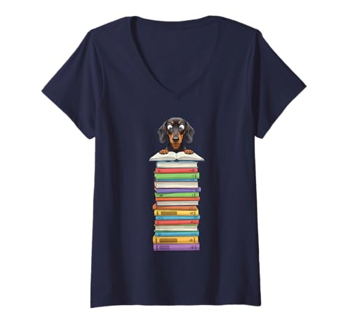 Damen Niedlicher Wiener Hund Dackel liest auf Bücherstapel lustig T-Shirt mit V-Ausschnitt von Just One More Chapter