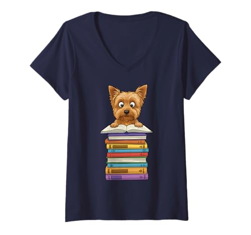 Damen Niedlicher Yorkshire Terrier, der auf Büchern liest, lustig T-Shirt mit V-Ausschnitt von Just One More Chapter