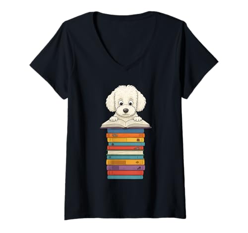 Damen Niedlicher maltesischer Pudel, der auf Büchern liest, lustig T-Shirt mit V-Ausschnitt von Just One More Chapter