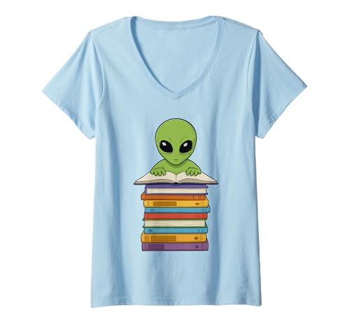 Damen Niedliches Alien-Lesebuch auf Bücherstapel lustig T-Shirt mit V-Ausschnitt von Just One More Chapter