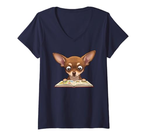 Damen Niedliches Chihuahua-Hunde-Lesebuch Love to Read Funny T-Shirt mit V-Ausschnitt von Just One More Chapter