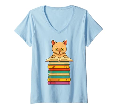Damen Süße burmesische Katze, die auf Büchern liest, lustig T-Shirt mit V-Ausschnitt Damen Süße burmesische Katze, die auf Büchern liest, lustig T-Shirt mit V-Ausschnitt von Just One More Chapter