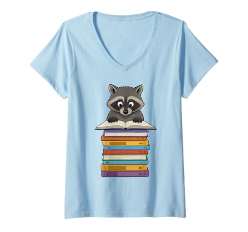 Damen Süßer Waschbär liest auf Bücherstapel lustig T-Shirt mit V-Ausschnitt von Just One More Chapter