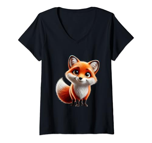 Damen Niedliche Illustration eines großäugigen Fuchses T-Shirt mit V-Ausschnitt von Just Sweet Designs